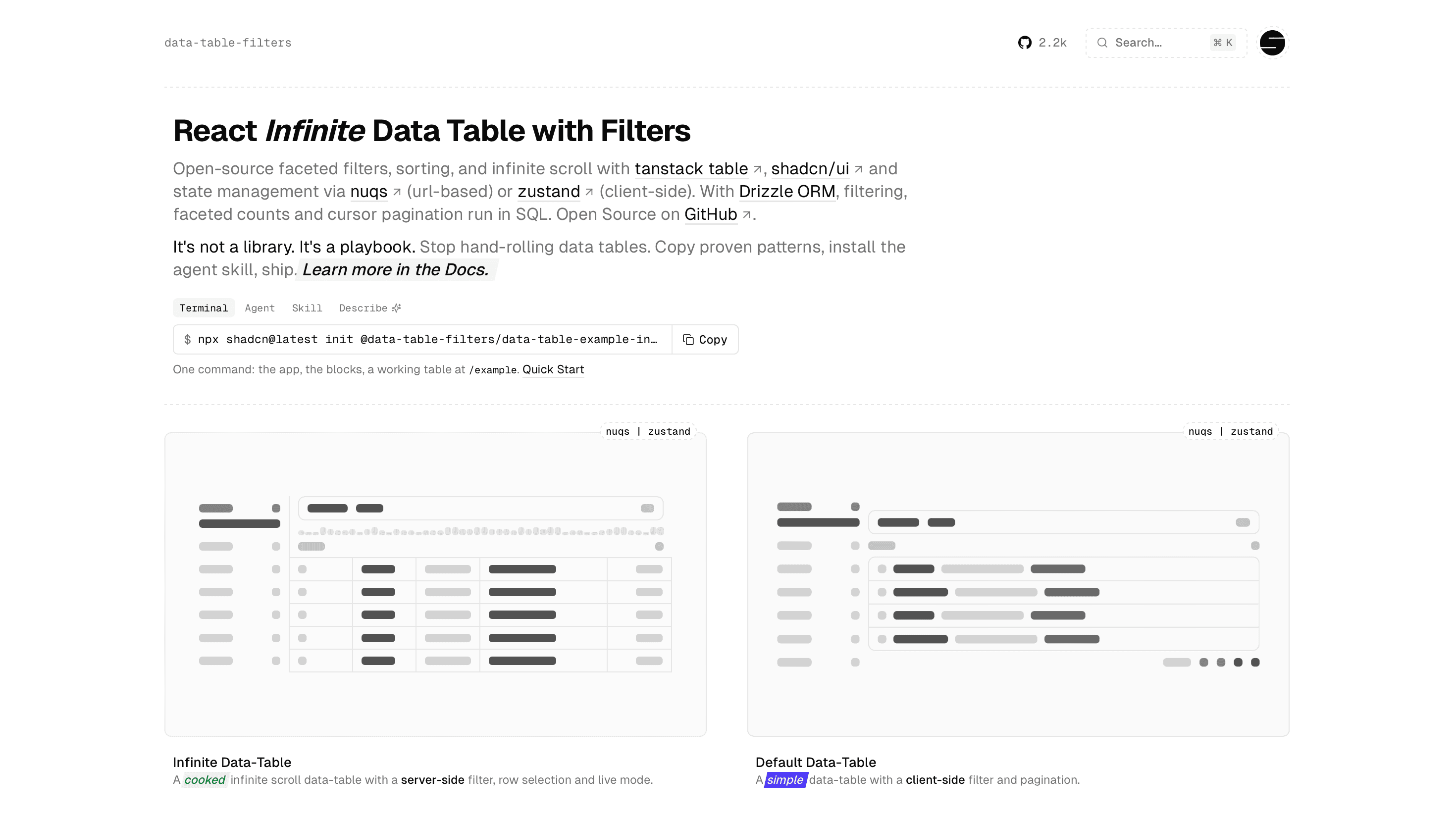 The data-table-filters homepage with the one-command shadcn init and the infinite and default table examples.